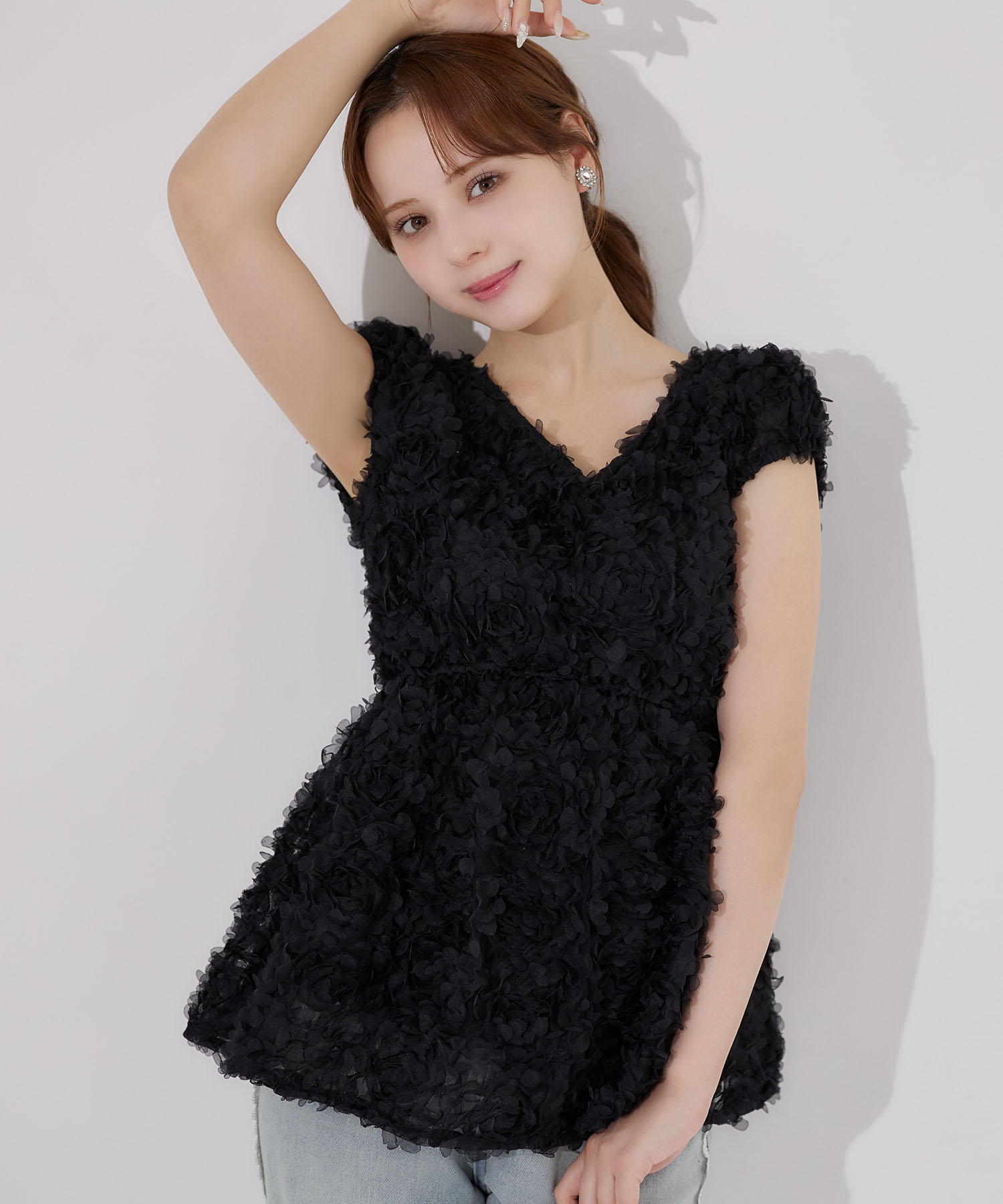 tocco トッコクローゼット　後ろリボン付き立体フラワーペプラムチュニック