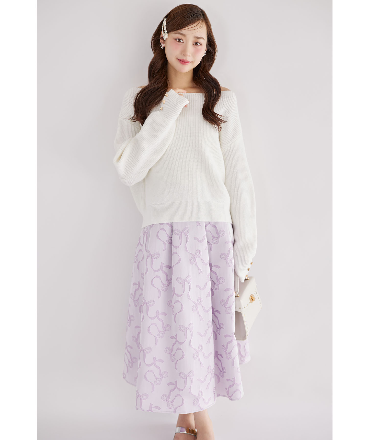 tocco トッコクローゼット　
バックレースアップリボン柄ジャガードベロアフレアスカート 