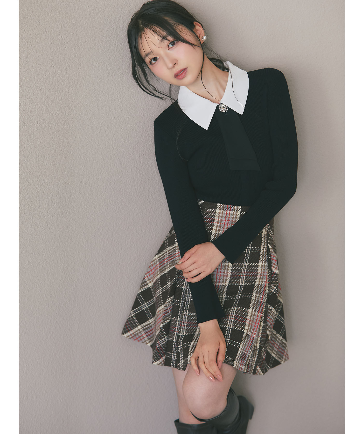 10月販売予定！入荷連絡受付中☆ミックスチェックタック入りミニスカート※上西星来さんはブラウン着用