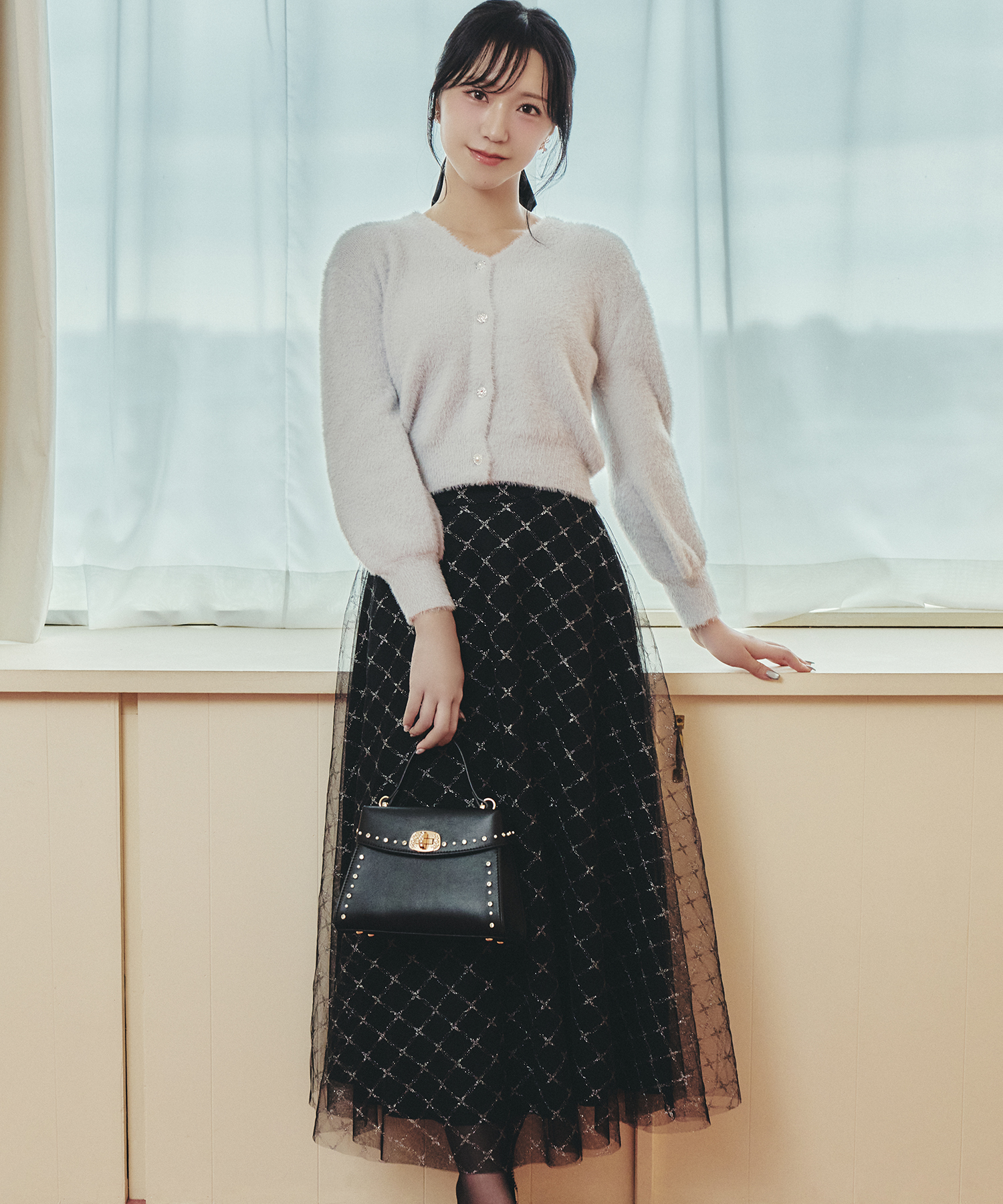 10月販売予定！入荷連絡受付中☆ラメフラワーチェックチュールフレアスカート《ShaggyFurCollection》※野口衣織さんはブラック着用