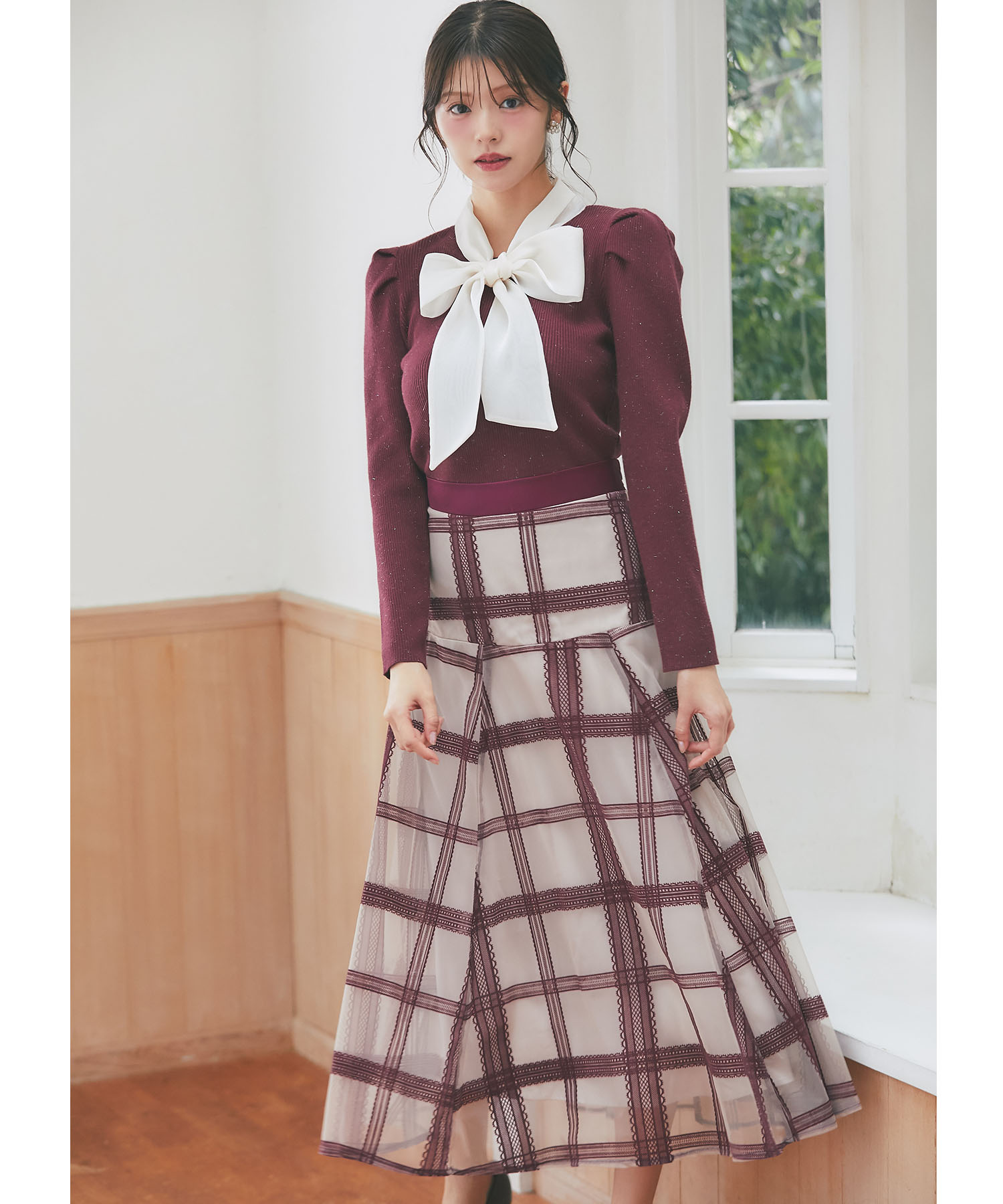 11/3販売予定！入荷連絡受付中☆フロッキーレースチェックパネル切り替えチュールフレアスカート※鈴木ゆうかさんはボルドー着用