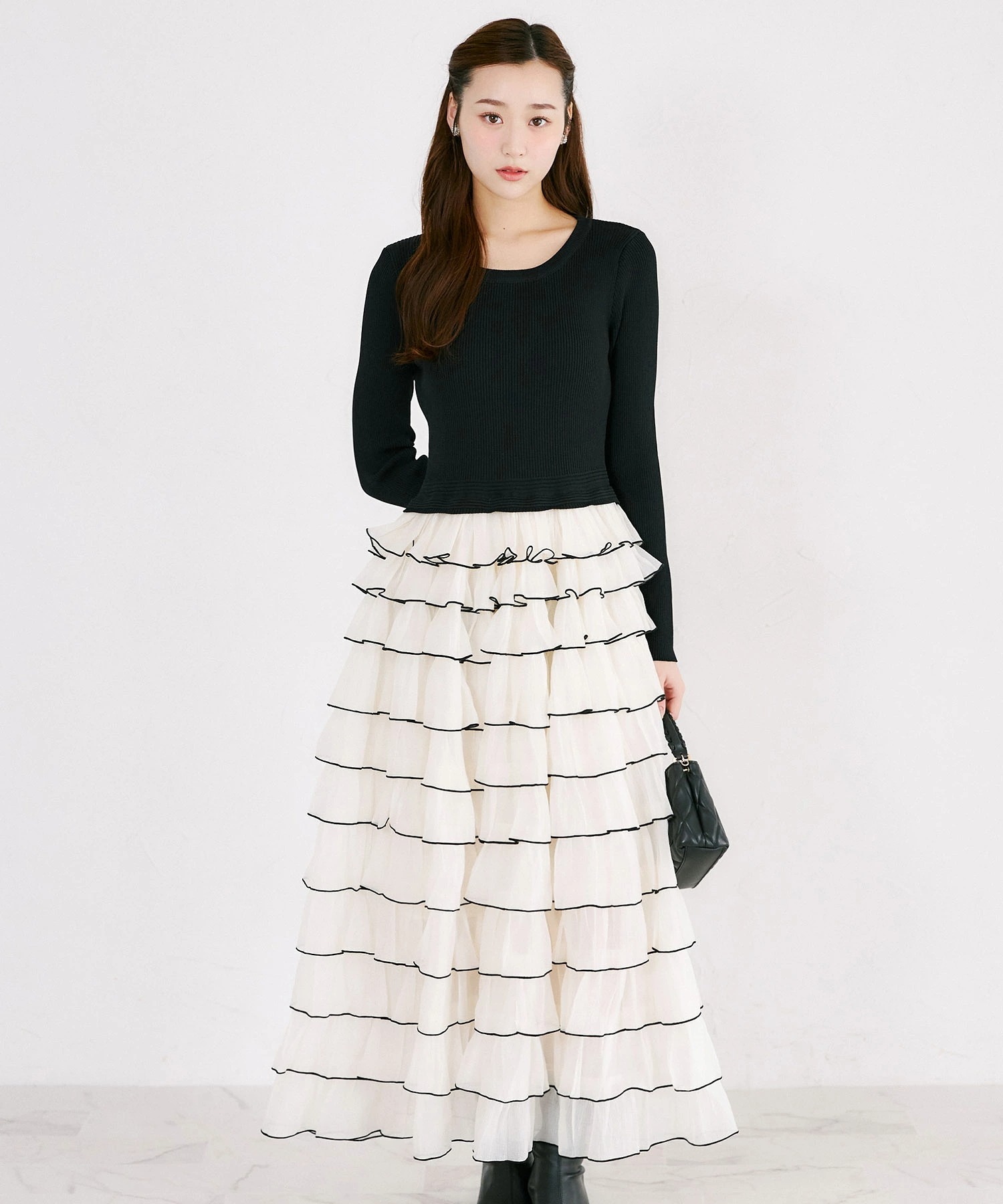 リブニットフリルドッキング配色ワンピース tocco closet(トッコクローゼット) ※オフィシャルサイト限定