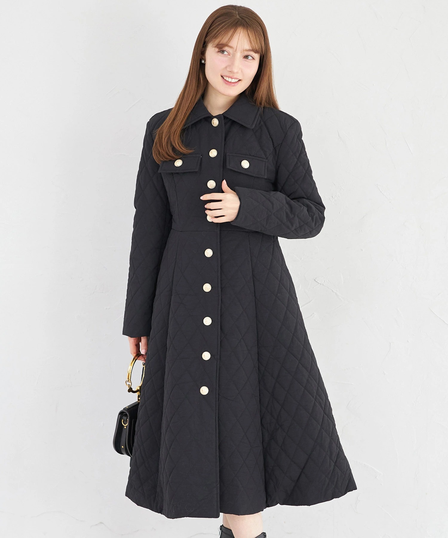 tocco トッコクローゼット　ゴールド釦キルティングロングフレアコート