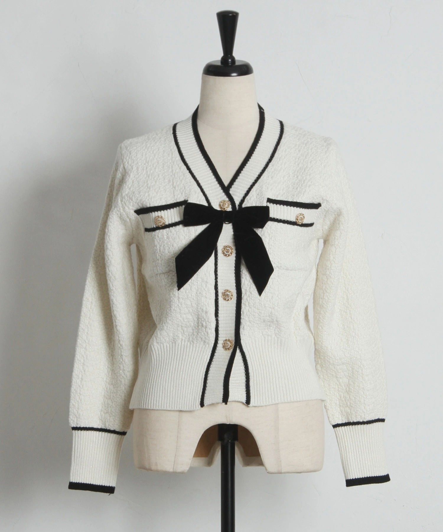 tocco トッコクローゼット　リボン付きバイカラーニットカーディガン