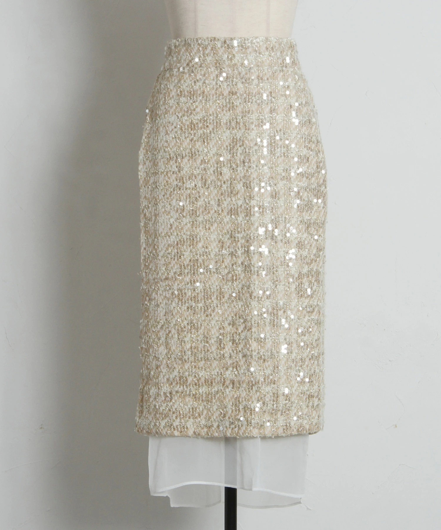 tocco トッコクローゼット　　
裾シアー切り替えスパンコールツイードタイトスカート