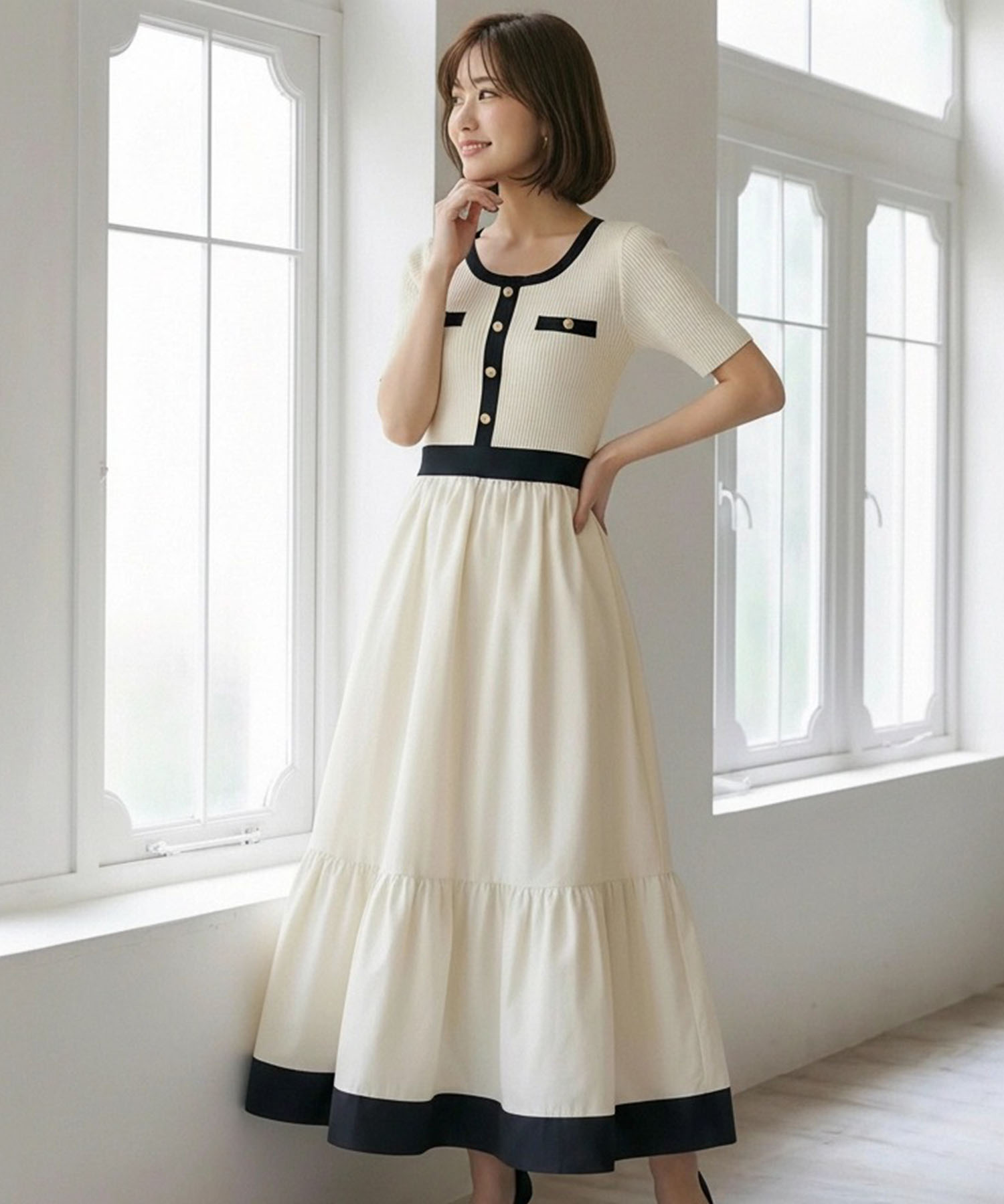 tocco トッコクローゼット　
迷った朝の救世主になるリブニットドッキングタフタ配色ワンピース