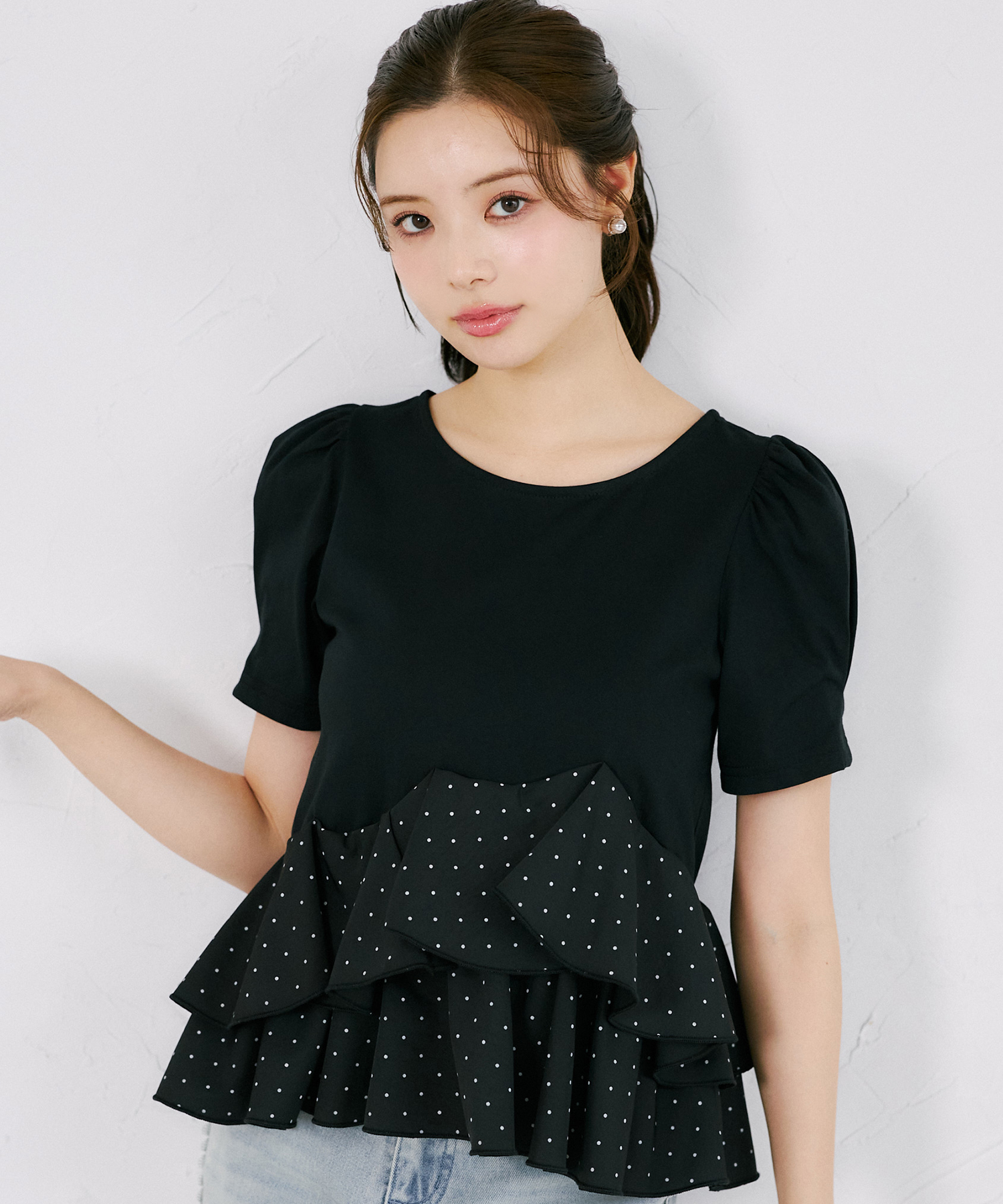 tocco トッコクローゼット　
ＵＶカット＆接触冷感＆速乾♪楽して綺麗が叶う異素材アシメフリルリブカットプルオーバー