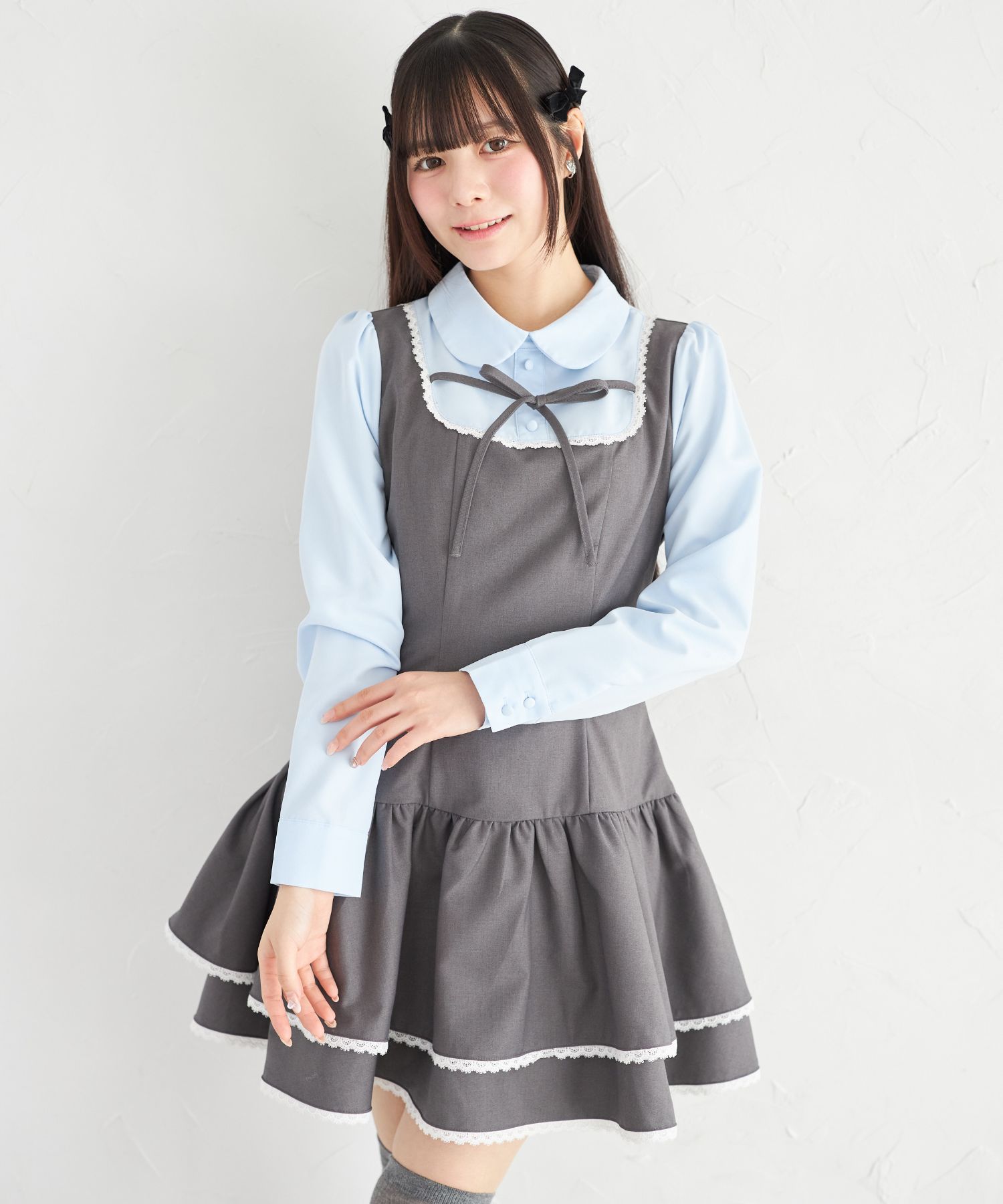tocco トッコクローゼット　
リボン付きラインレース装飾シャツ切り替えワンピース