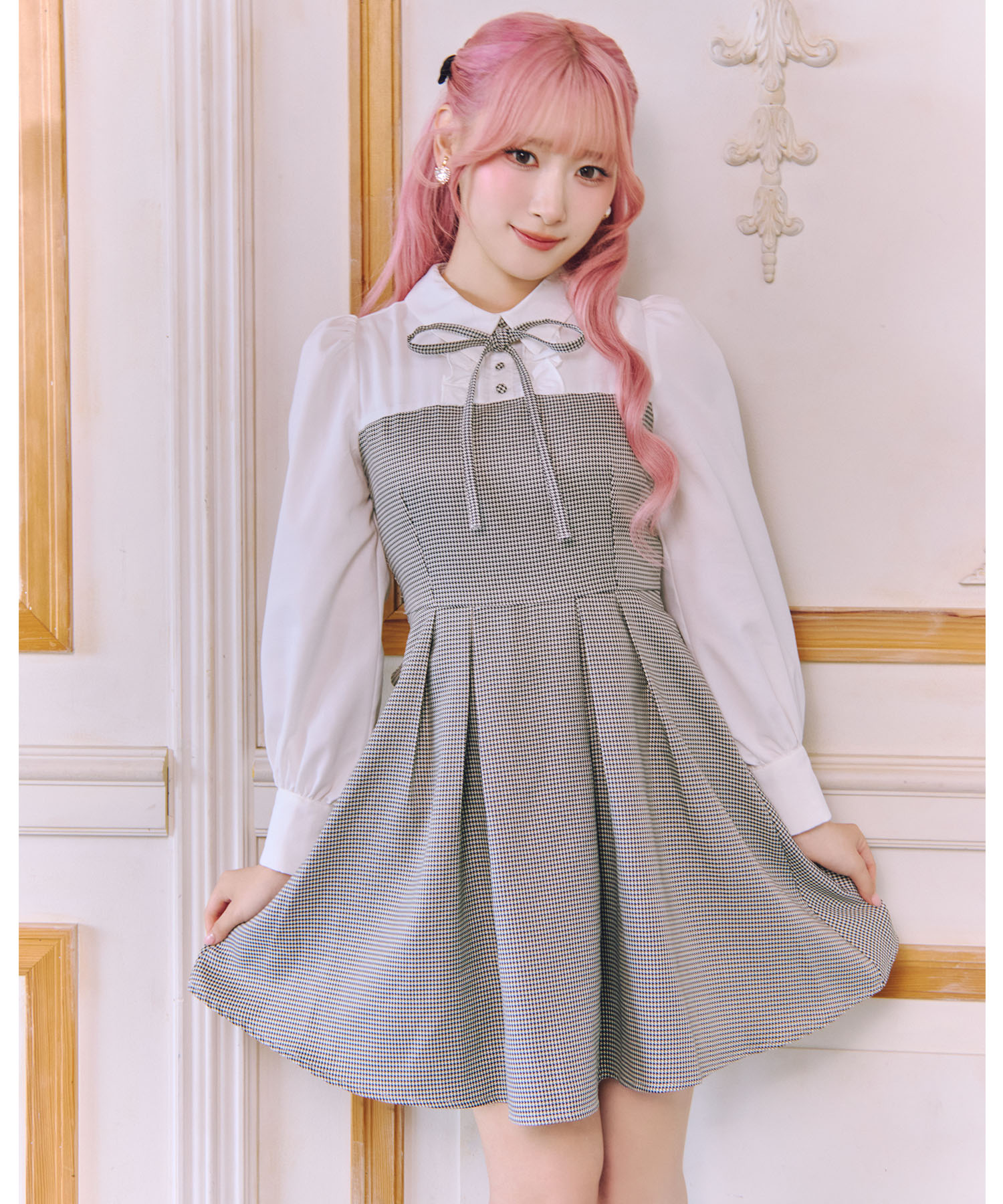 tocco トッコクローゼット　
名媛ライクな上品さ♪美シルエットを叶える千鳥柄シャツ切替ウエストリボンワンピース