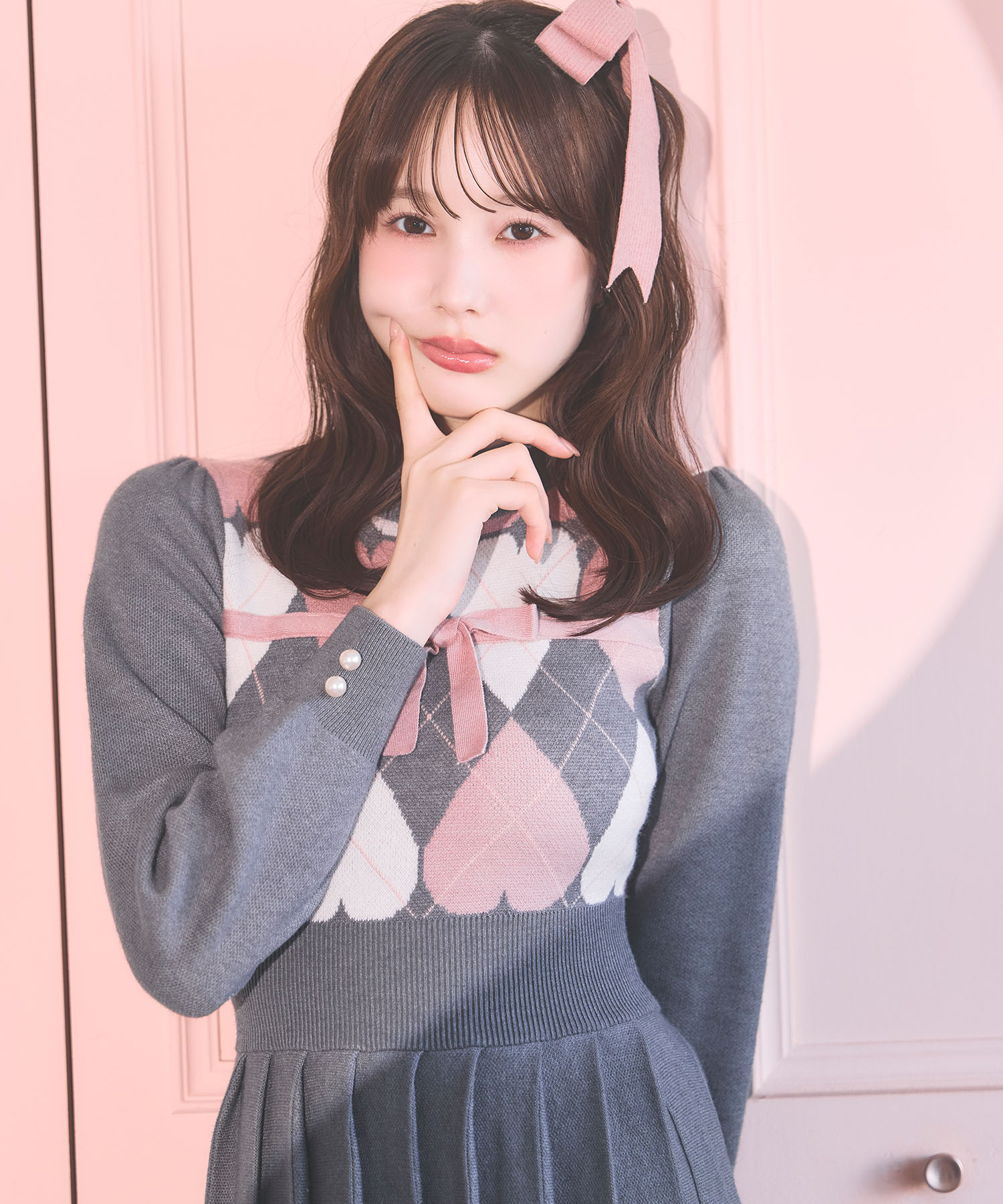 10/10販売予定！入荷連絡受付中☆冬の愛されモテデート服♪ハートアーガイルプリーツニットワンピース Suyunn(スユン) ※本田紗来さんはグレー着用