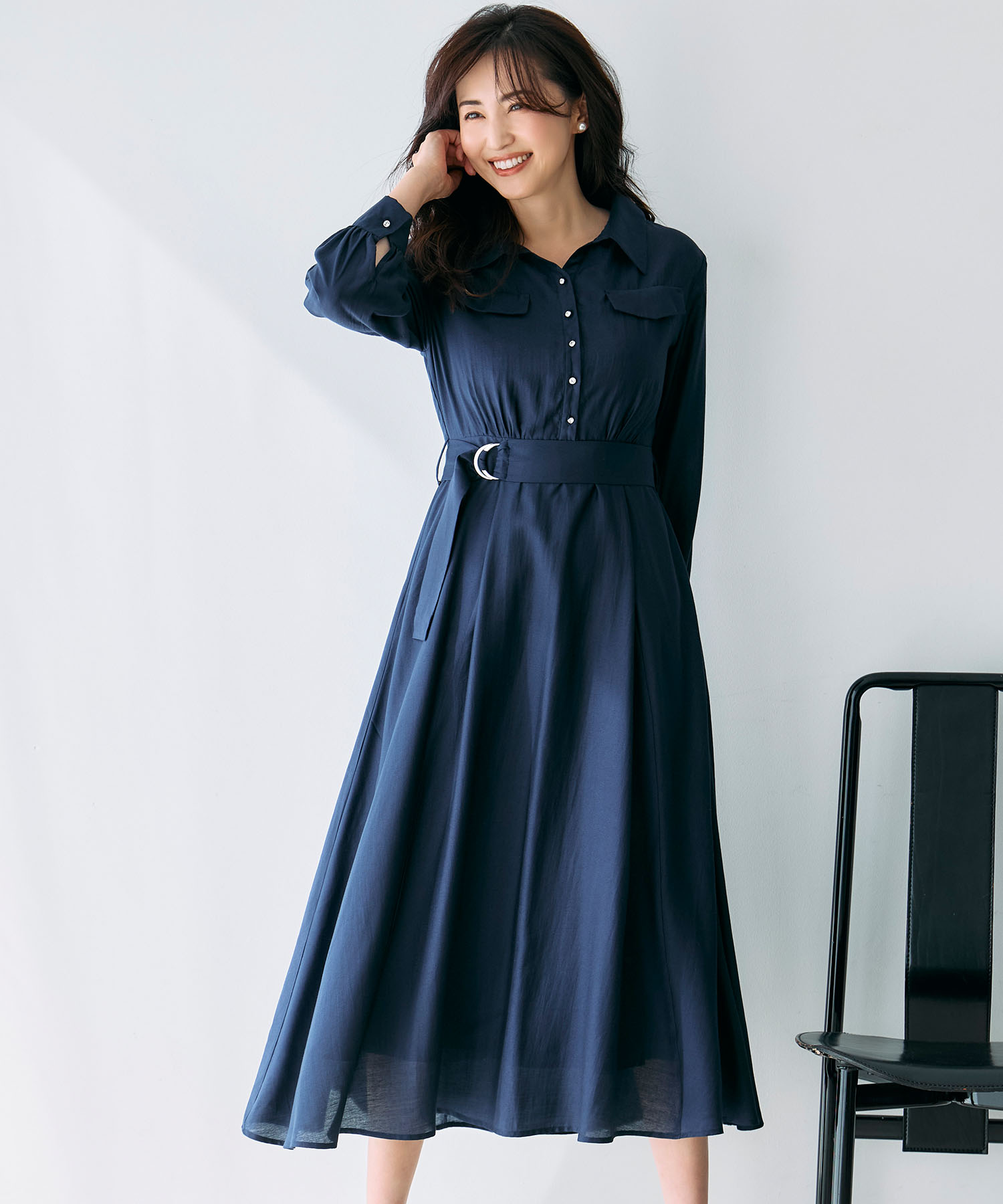 ベルト付きスキッパーシアーシャツワンピース tocco closet(トッコクローゼット)　 《tocco closet luxe》※有村実樹さんはネイビー着用