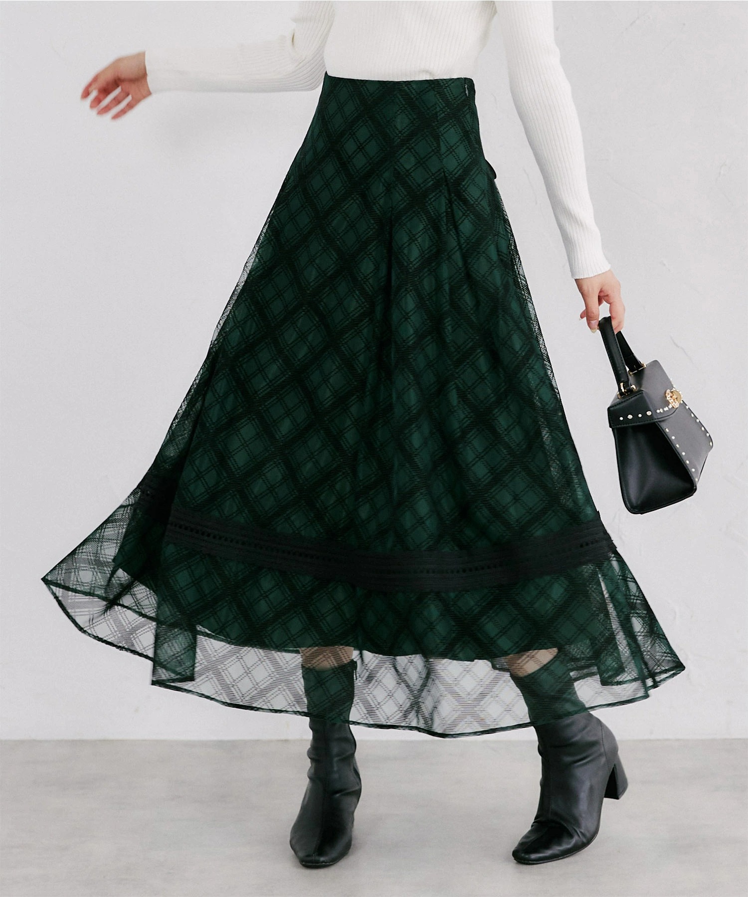 バックレースアップ裾ラインレース切り替えシアーフロッキーチェックフレアスカート 10月8日(木)再販決定☆  tocco closet(トッコクローゼット)　《tocco closet luxe》《BlackCollection》※綺咲愛里さんはダークグリーン着用