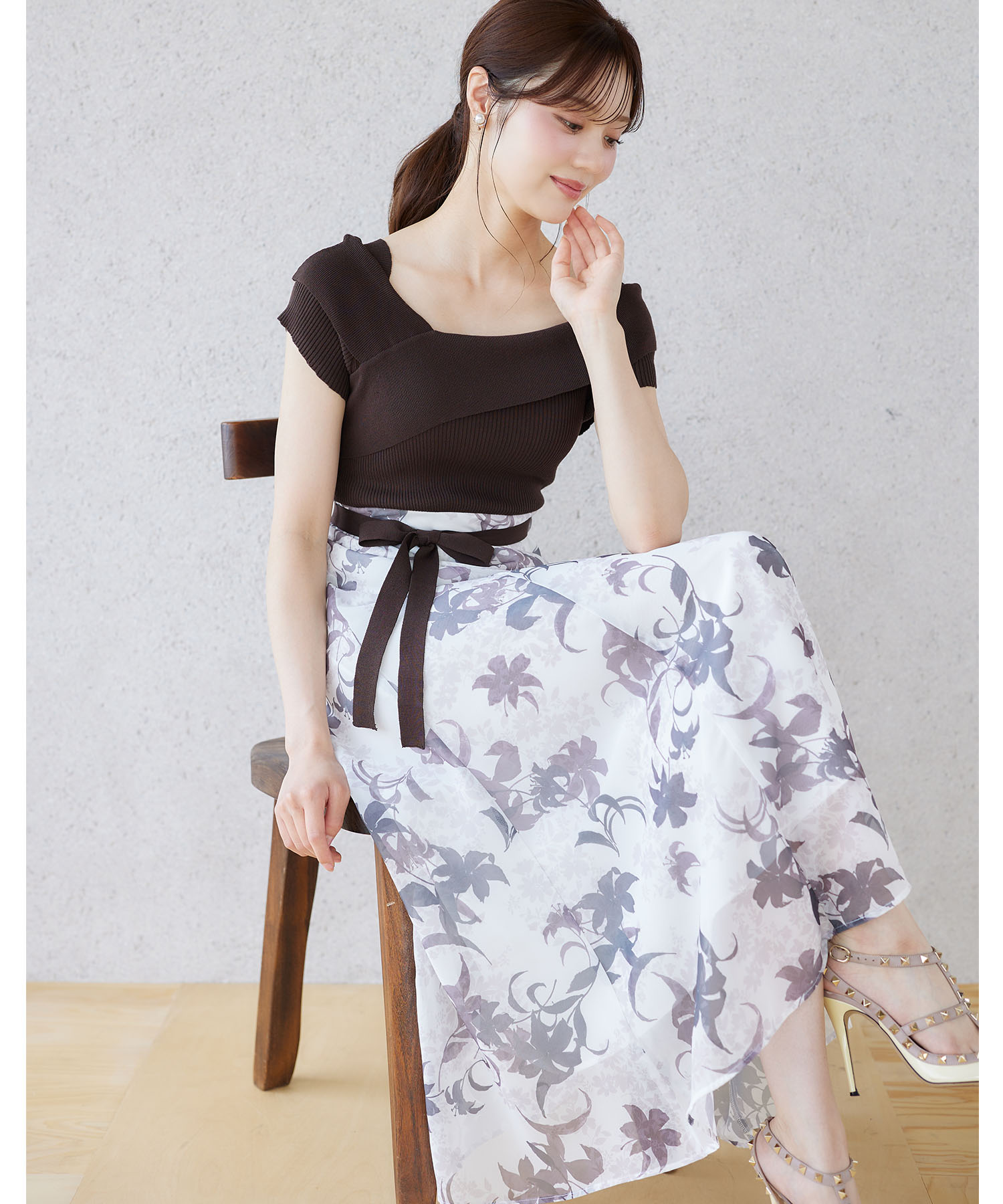 7月下旬販売予定！入荷連絡受付中☆アシメリブニットドッキングリリーフラワープリントワンピース《tocco closet luxe》《SummerOnepieceCollection》