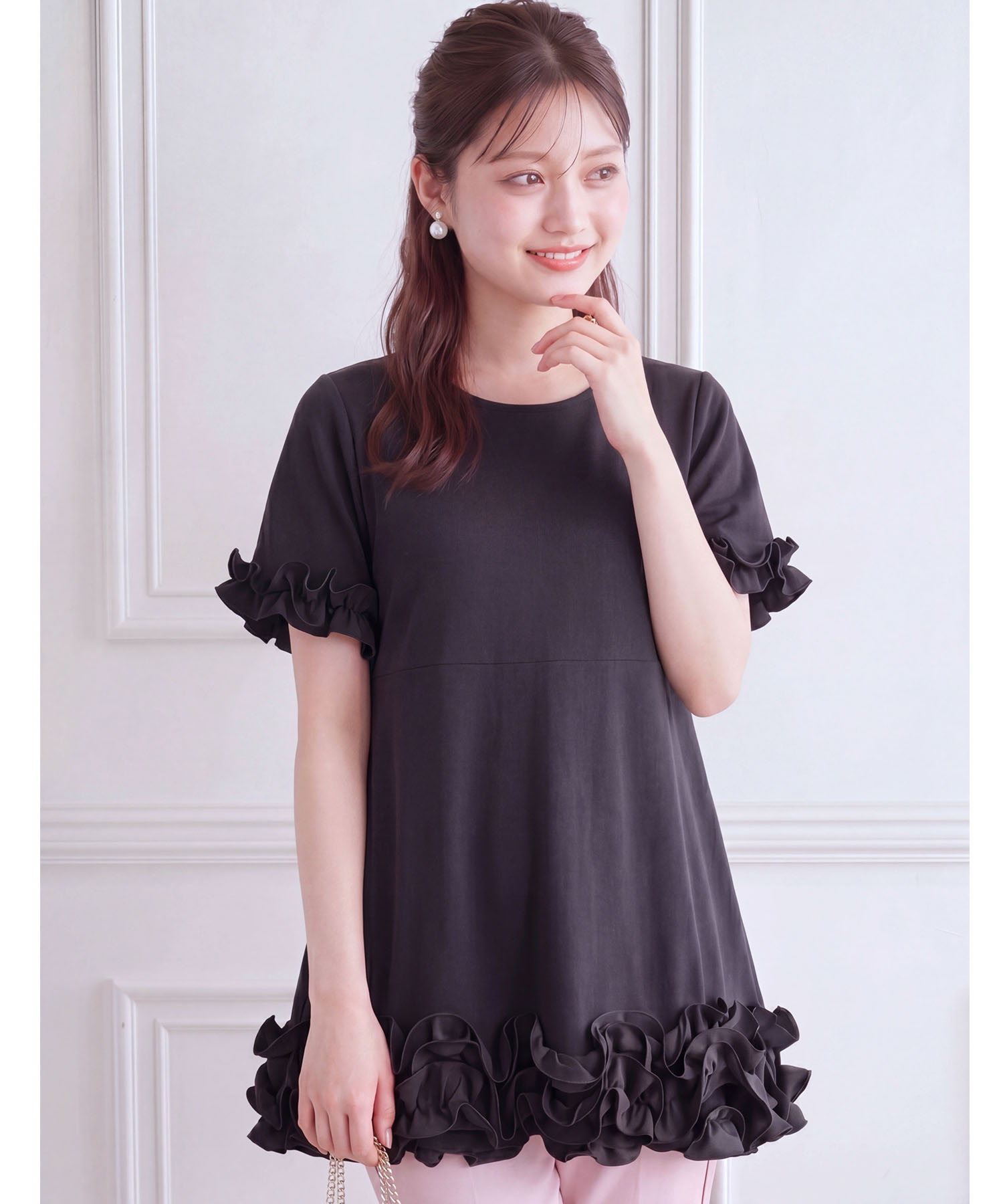 7月販売予定！入荷連絡受付中☆洗濯後も続く心地良さ♪ＵＶカット＆接触冷感カットソーフリルペプラムチュニック《tocco closet luxe》