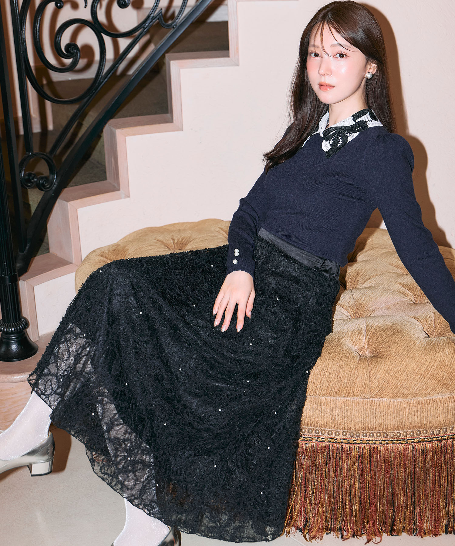 10月中旬販売予定！入荷連絡受付中☆パール装飾フェザーレースフレアスカート《tocco closet luxe》※麻亜里さんはブラック着用