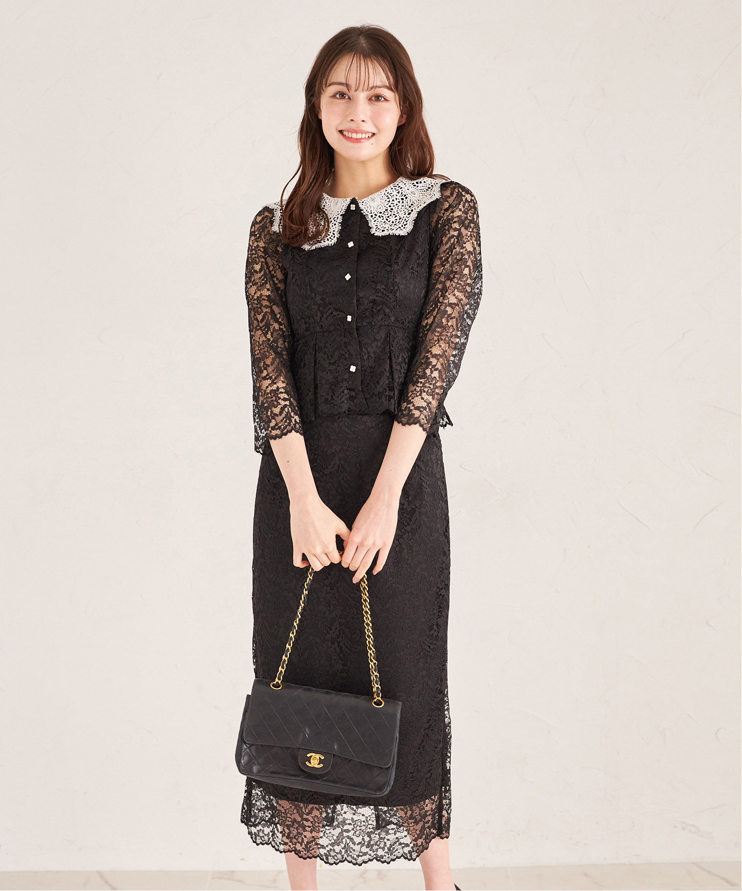 襟付き配色レーストップス×レースタイトスカートセットアップ 【angelice 】 tocco closet ＊スペシャルプライス品につき返品/キャンセル/配送日指定不可/ラッピング不可/少量在庫のセールの為交換は出来かねる場合がございます。