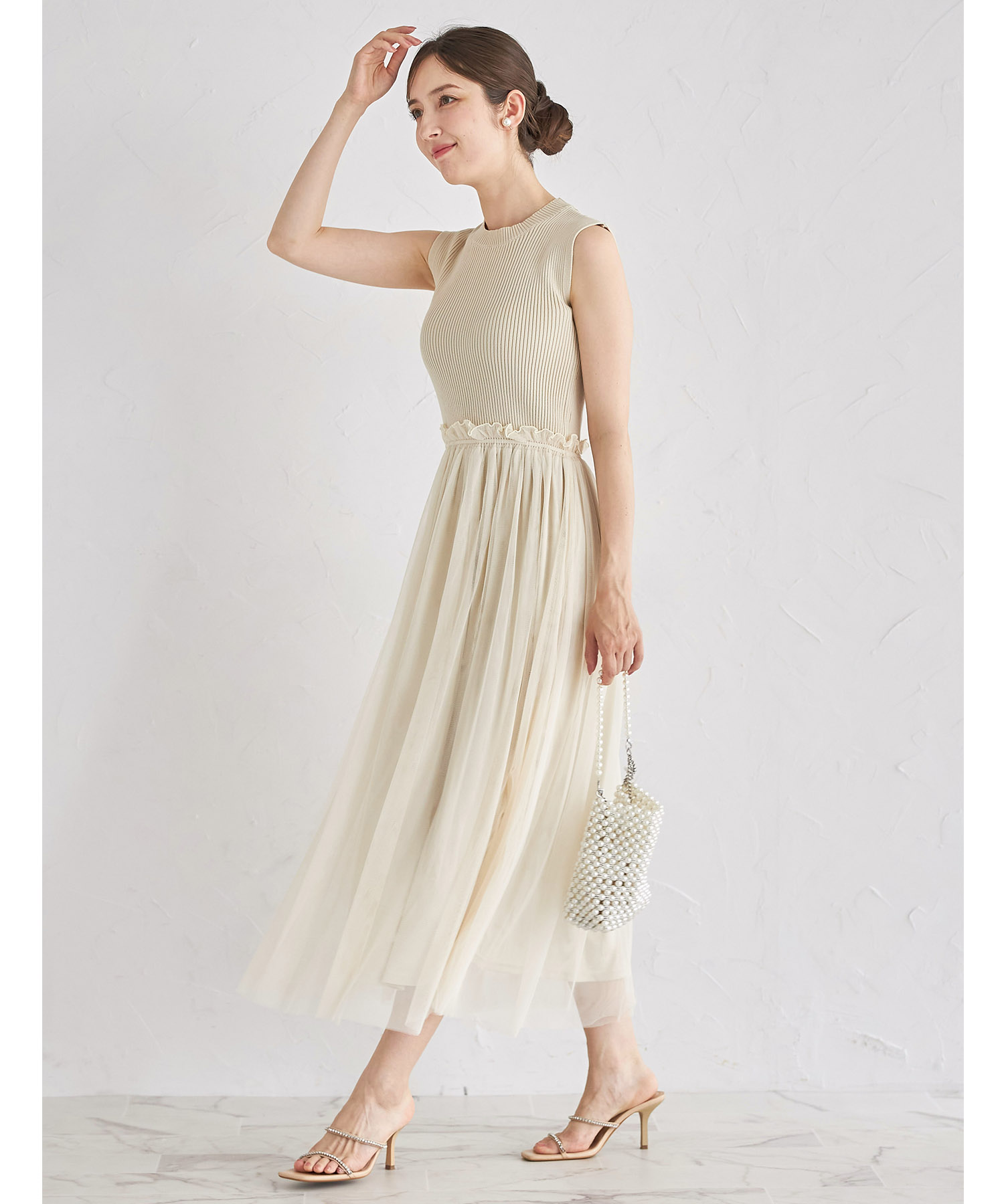 リブニット×チュールドッキングノースリーブワンピース【aurela オレーラ】 tocco closet(トッコクローゼット)　＊スペシャルプライス品につき返品/キャンセル/配送日指定不可/ラッピング不可/少量在庫のセールの為交換は出来かねる場合がございます。