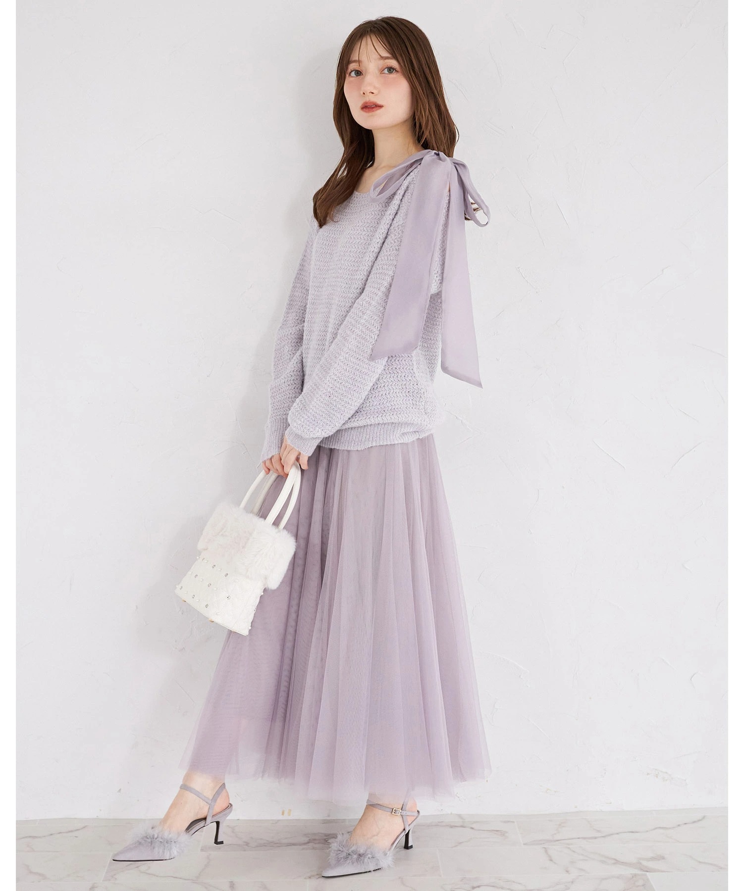 tocco トッコクローゼット　肩リボン付きニットプルオーバー×チュールスカートセット