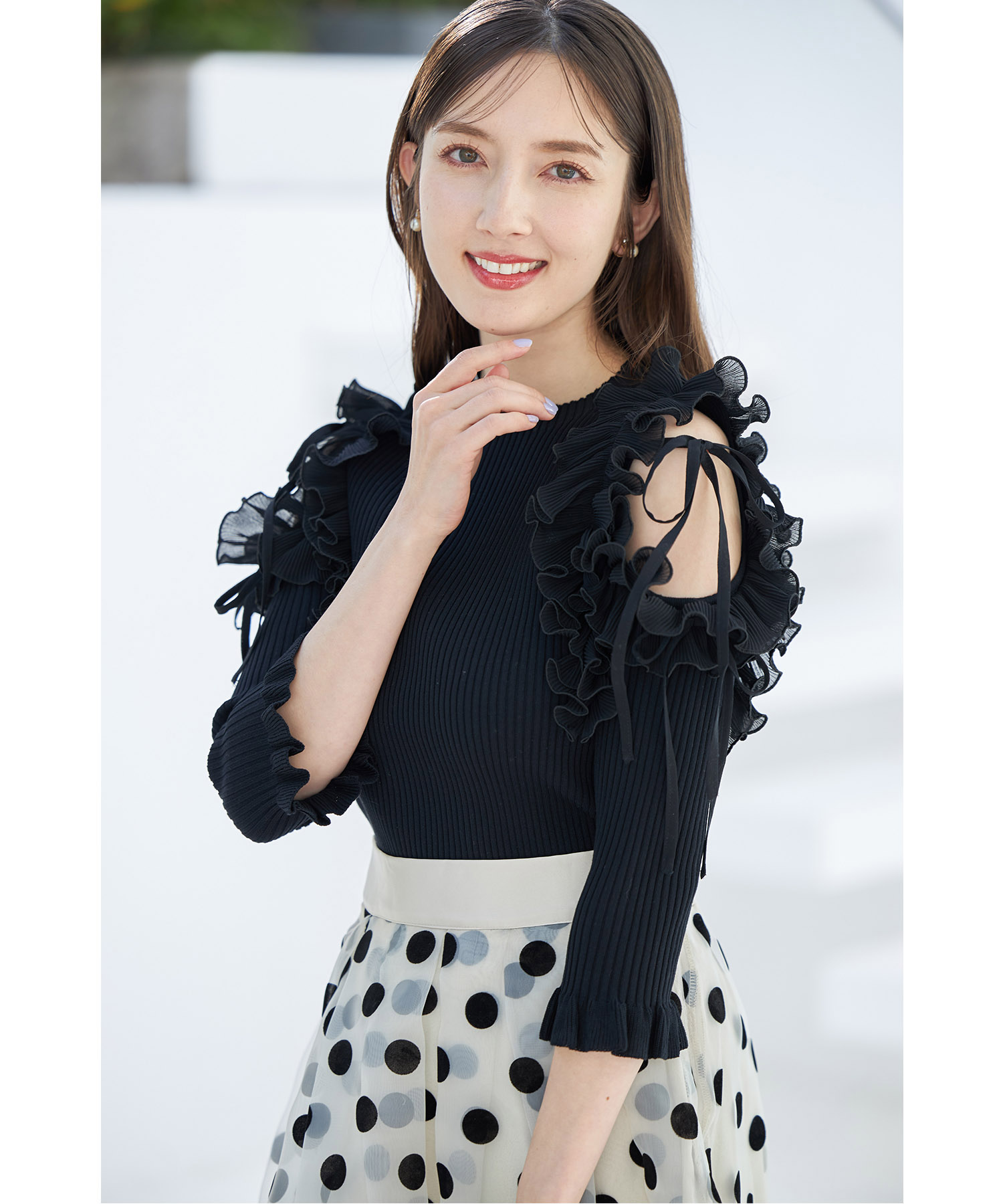 tocco トッコクローゼット　りぼん付きシフォンプリーツ切り替えリブニットプルオーバー