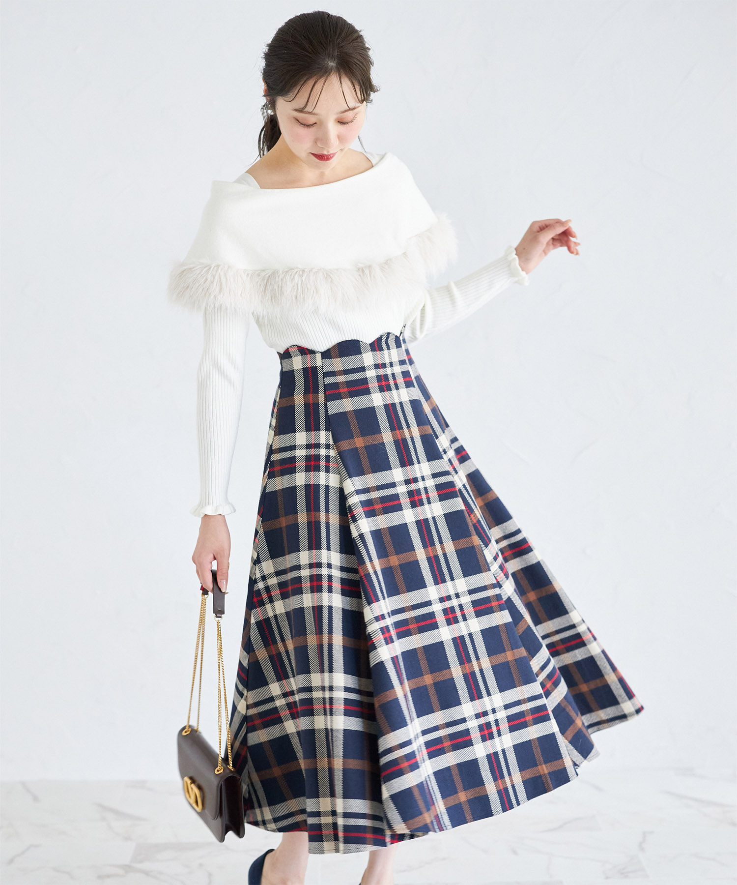 ウエストスカラップチェック柄フレアスカート9月30日(火)オフィシャルサイト限定ネイビー再販☆【fomile フォミール】※少量の在庫確保による再販売の為、交換は出来かねる場合がございます。予めご了承ください。