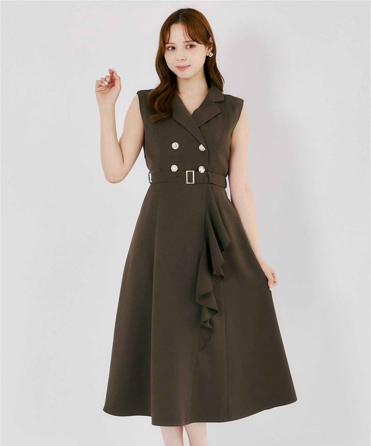 tocco トッコクローゼット　
ベルト付きジレ風ラッフルフリルトレンチライクワンピース