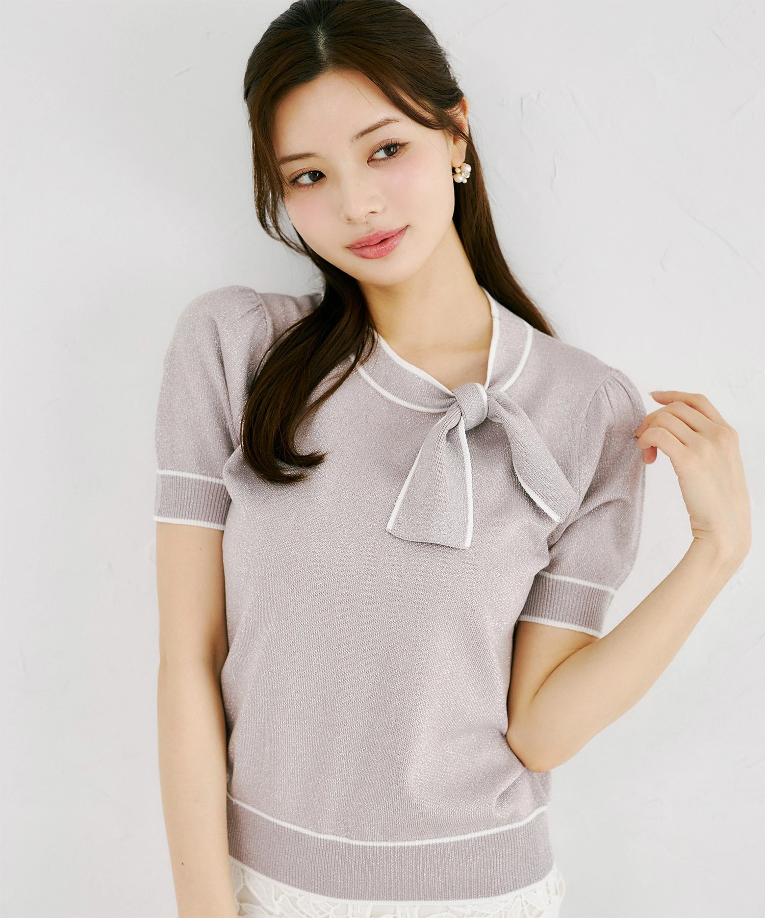 ＵＶカット＆接触冷感＆毛玉ができにくい＆ハンドウォッシュ♪リボン付き配色ラメニットプルオーバー   9月2日(水)オフィシャルサイト限定グレイッシュピンク再販☆tocco closet ※少量の在庫確保による再販売の為、交換は出来かねる場合がございます。予めご了承ください。