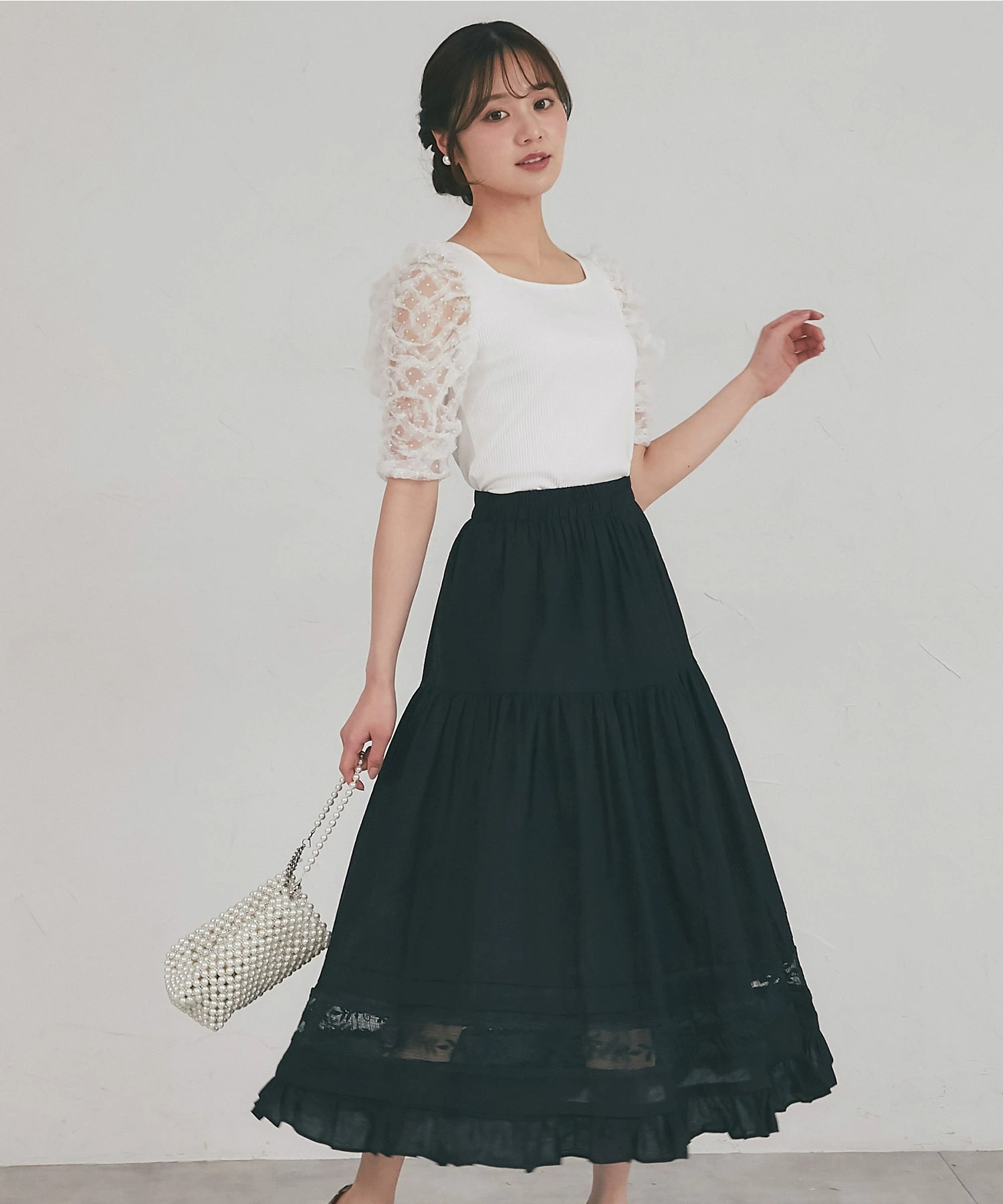 コットンライクレース切り替えティアードタックスカート tocco closet(トッコクローゼット)