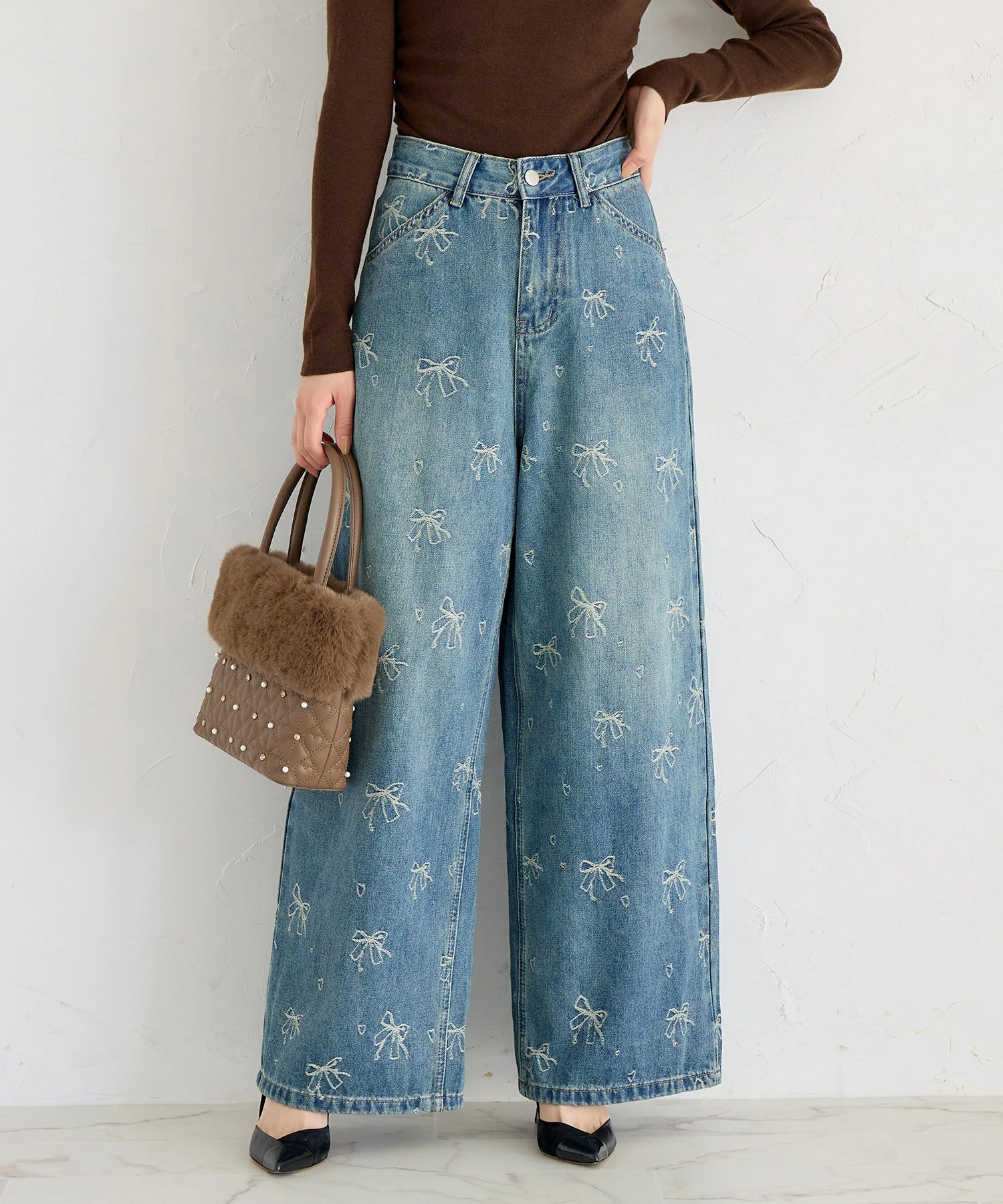 リボン×ハートジャガードデニムパンツ【joulie ジューリ】 tocco closet(トッコクローゼット)※オフィシャルサイト限定