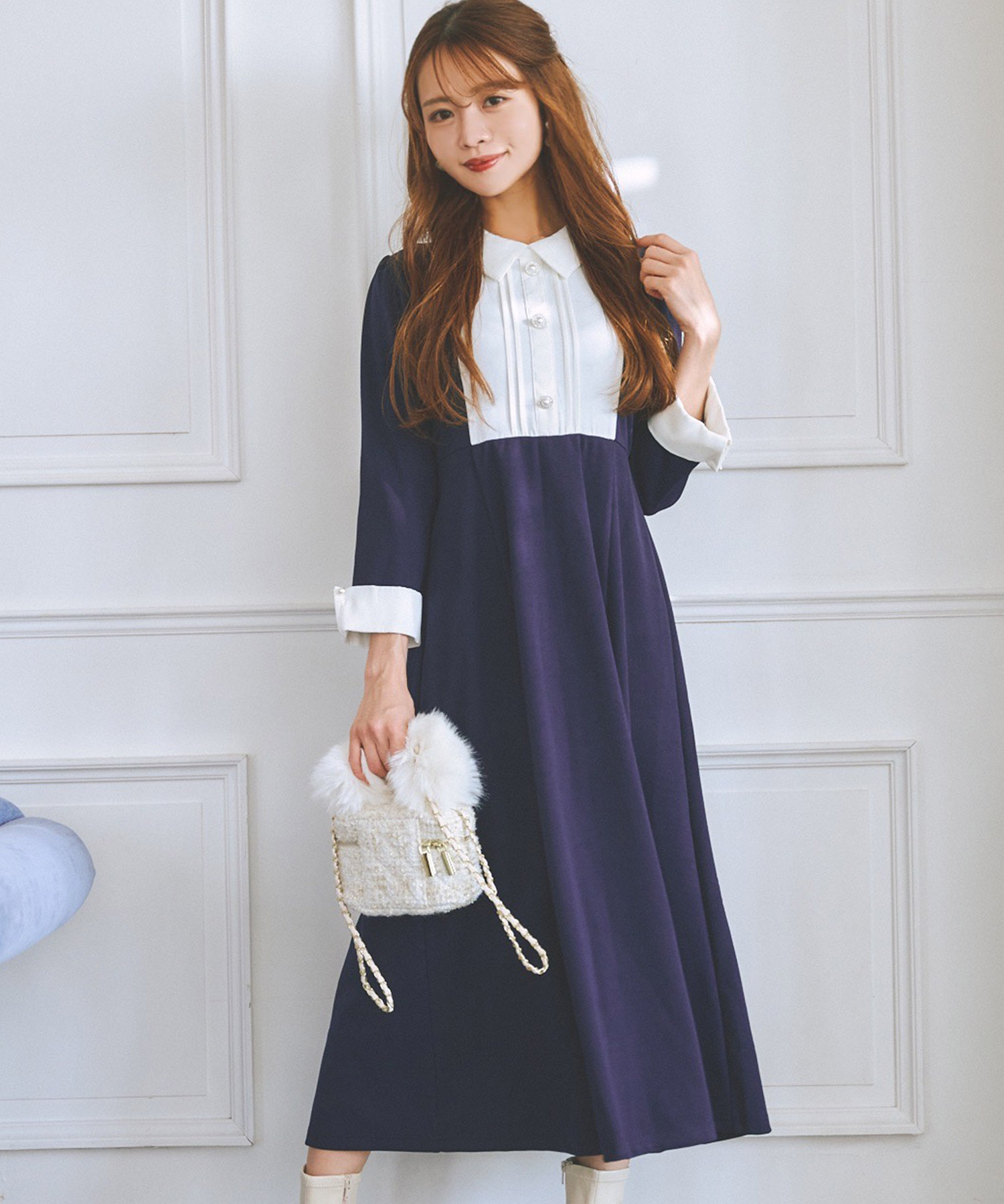 パールビジュー飾り釦付きヨーク切り替え配色ワンピース【laseria】 tocco closet≪@ichaaakoさんコラボ≫＊スペシャルプライス品につき返品/キャンセル/配送日指定不可/ラッピング不可/少量在庫のセールの為交換は出来かねる場合がございます。