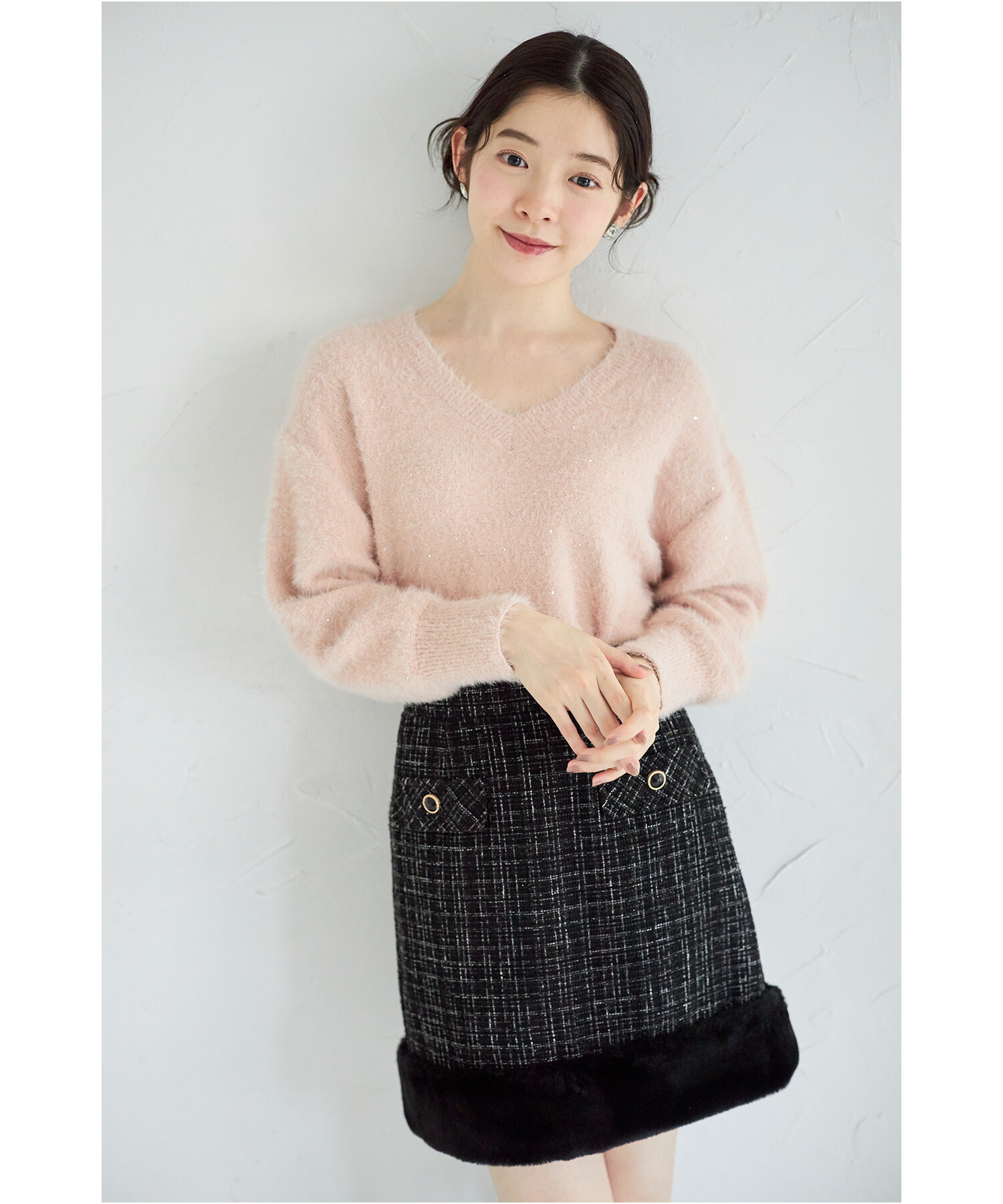 フェイクポケット飾り釦付きヘムファー切り替えラメツイードスカート  9月16日(火)オフィシャルサイト限定ブラック再販☆【lidans リダンス】≪MiniSkirtCollection≫※少量の在庫確保による再販売の為、交換は出来かねる場合がございます。予めご了承ください。