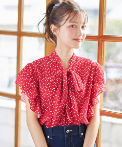 ボウタイリボンハートドットプリントフリルスリーブブラウス 【reloise リロイス】 tocco closet(トッコクローゼット) ＊スペシャルプライス品につき返品/キャンセル/配送日指定不可/ラッピング不可/少量在庫のセールの為交換は出来かねる場合がございます。