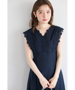 ウエストりぼん付きコットンカットワークレース刺繍ワンピース【leaxis】tocco closet(トッコクローゼット)