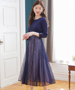 リボン＆パール付きハイウエスト切り替えレースドッキング七分袖ワンピース 【plesia プレシア】 tocco closet ＊スペシャルプライス品につき返品/キャンセル/配送日指定不可/ラッピング不可/少量在庫のセールの為交換は出来かねる場合がございます。