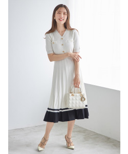 再販予定！入荷連絡受付中☆アンティーク風飾り釦付き配色プリーツニットワンピース 【saphery サフェリー】tocco closet(トッコクローゼット)