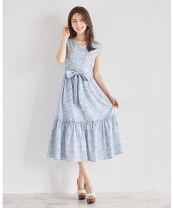 りぼん付きリネンライクフラワープリントスカラップティアードワンピース 7月22日(月)オフィシャルサイト限定再販☆【lusilo リュシロ】※少量の在庫確保による再販売の為、交換は出来かねる場合がございます。予めご了承ください。