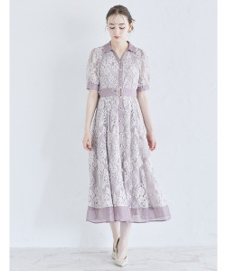 ベルト付きパール釦レース切り替えシャツワンピース 8月17日(土)オフィシャルサイト限定再販☆【voraory ヴォラオリー】※少量の在庫確保による再販売の為、交換は出来かねる場合がございます。予めご了承ください。