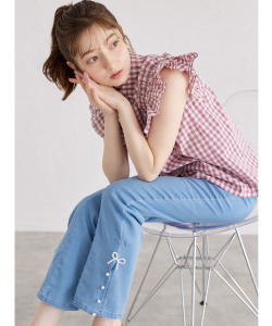 リボン＆パール付きストレッチデニムパンツ 【fenser フェンサー】tocco closet(トッコクローゼット)