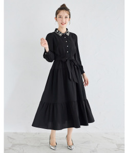 ウエストりぼん付きパールビジュー装飾ティアードシャツワンピース【livienne リヴィアン】 tocco closet(トッコクローゼット) ＊スペシャルプライス品につき返品/キャンセル/配送日指定不可/ラッピング不可/少量在庫のセールの為交換は出来かねる場合がございます。