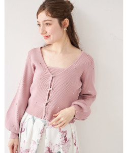 ビジュー×リボン釦付きリブニットカーディガン×リブニットキャミソールＳＥＴ  7月14日(月)オフィシャルサイト限定ピンク再販☆【rosline ロズリン】 tocco closet(トッコクローゼット)※少量の在庫確保による再販売の為、交換は出来かねる場合がございます。