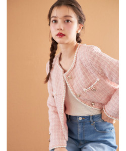 フラワー釦ファンシーツイードトリムジャケット【lonaria ロナリア】 tocco closet(トッコクローゼット)《Heart Collection》