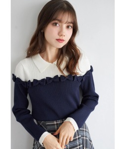 襟＆リボン付きバイカラーリブニットプルオーバー tocco closet ＊スペシャルプライス品につき返品/キャンセル/配送日指定不可/ラッピング不可/少量在庫のセールの為交換は出来かねる場合がございます。