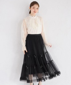リボンパールモチーフ付きティアードチュールスカート  12月30日(火) オフィシャルサイト限定ブラック再販☆tocco closet(トッコクローゼット)※少量の在庫確保による再販売の為、交換は出来かねる場合がございます。予めご了承ください。