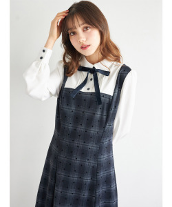 ベロアリボン付きフロッキーハート×チェック柄切り替えミニワンピース tocco closet ＊スペシャルプライス品につき返品/キャンセル/配送日指定不可/ラッピング不可/少量在庫のセールの為交換は出来かねる場合がございます。