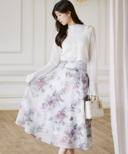 バックレースアップシアーフラワープリントフレアスカート tocco closet(トッコクローゼット)　《門脇伶奈さん(@kadowakireina)コラボ》
