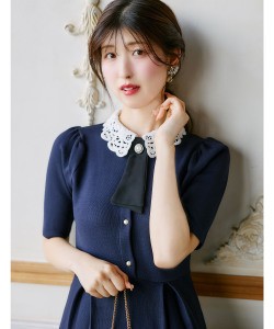 5月再販予定！入荷連絡受付中☆マルチＷＡＹボウタイ＆レース襟付きパール釦ニットワンピース tocco closet(トッコクローゼット)《門脇伶奈さん(@kadowakireina)コラボ》