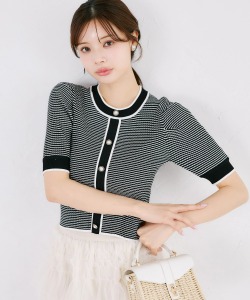 パール飾り釦付き配色リブニットプルオーバー tocco closet(トッコクローゼット)