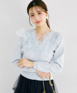レースフラワーモチーフ×ビジュー付きスプリングフェザーニットカーディガン tocco closet(トッコクローゼット)