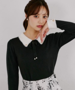 リボン付きフェザー配色ハート釦ニットプルオーバー tocco closet(トッコクローゼット)