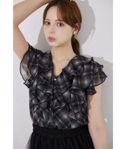 7月下旬販売予定！入荷連絡受付中☆ハート釦シャドーチェックラッフルフリルブラウス《BlackCollection》