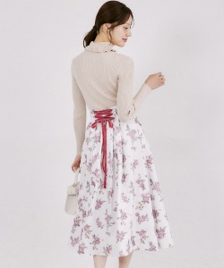 バックベロアレースアップゴブラン風フラワータックフレアスカート tocco closet(トッコクローゼット)　